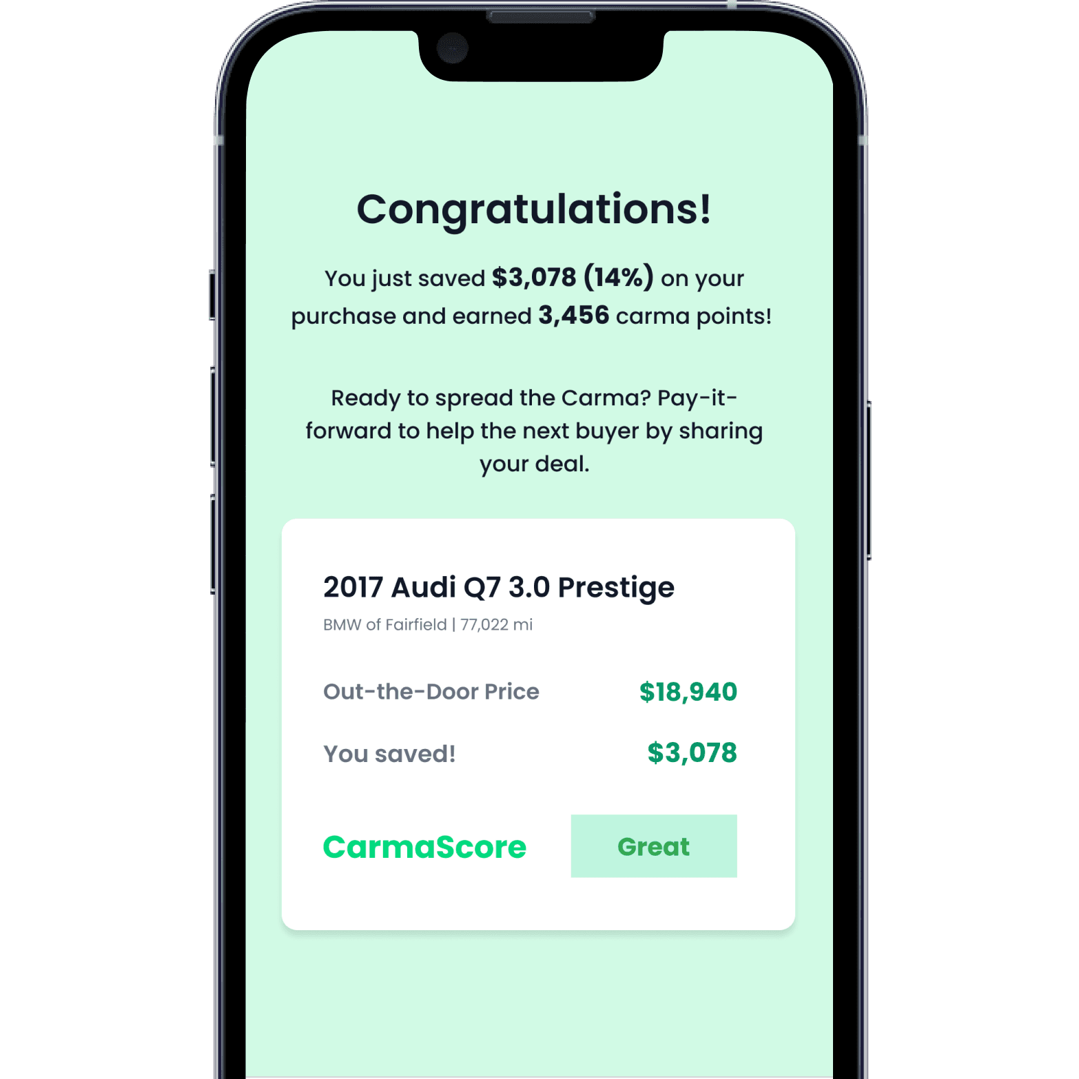 CarmaScore deal analysis showing price rating and AI insights