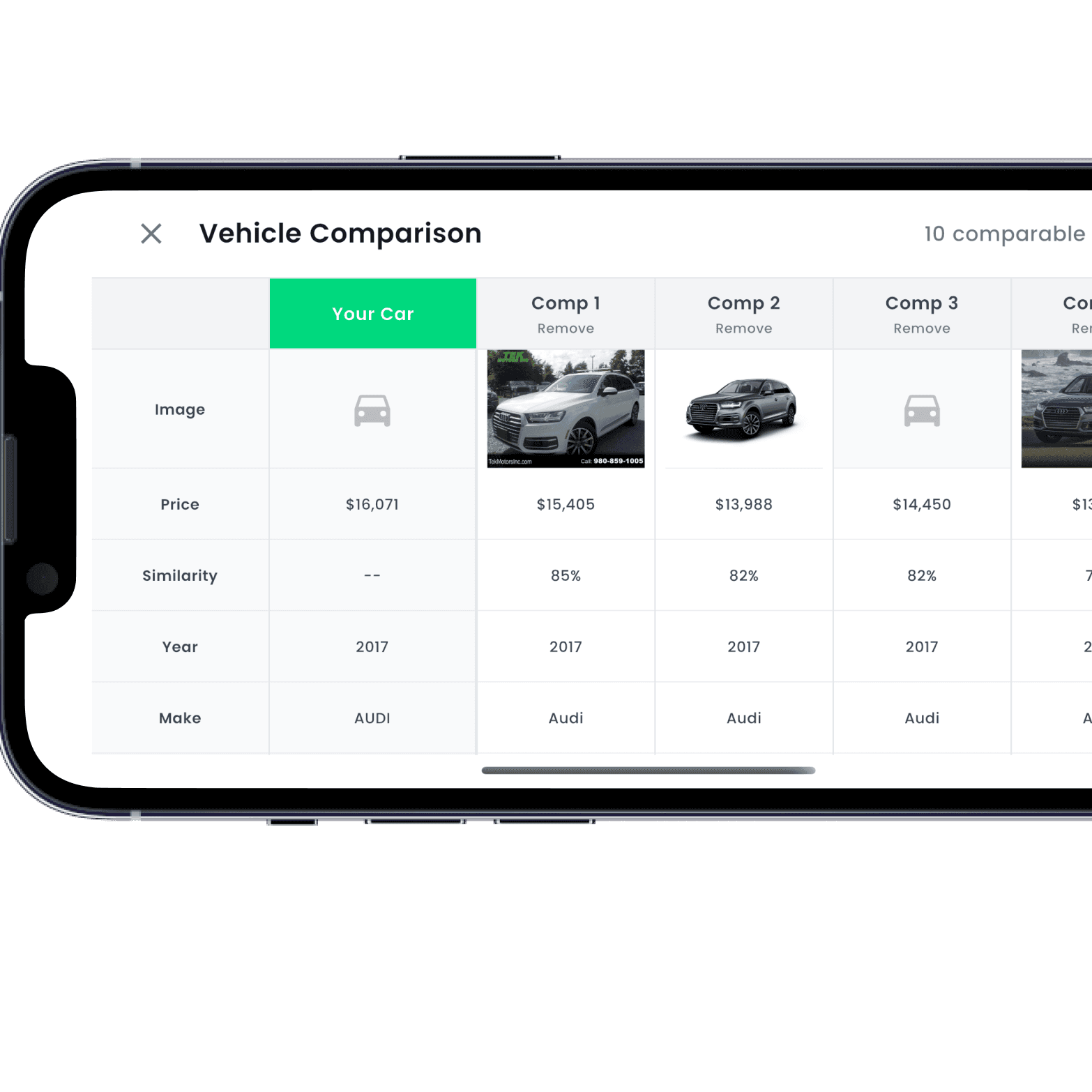 Vehicle comparison grid showing specs side-by-side